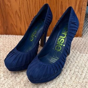 Blue suede platform heels